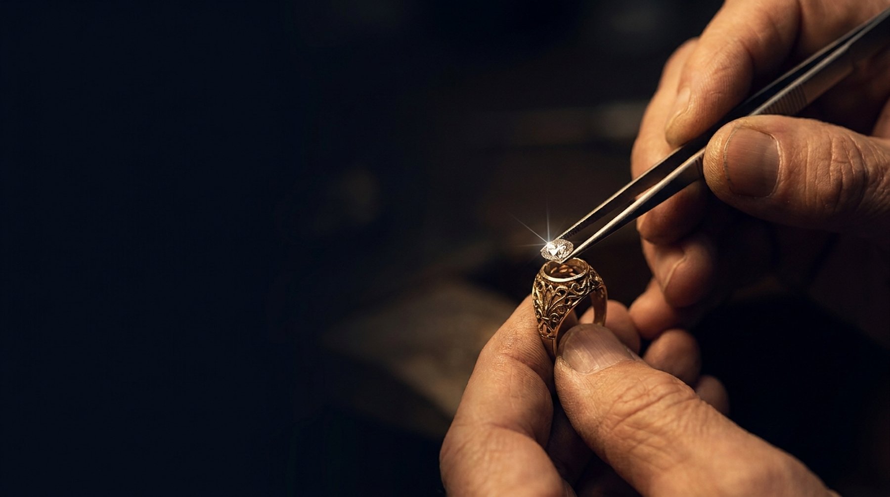 A master jeweller setting a diamond into an ornate gold ring, lit by one warm light against deep navy shadow