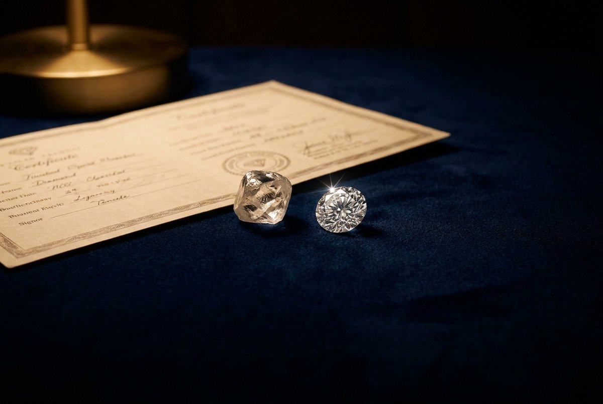 A rough and a finished natural diamond beside a certification document on deep navy